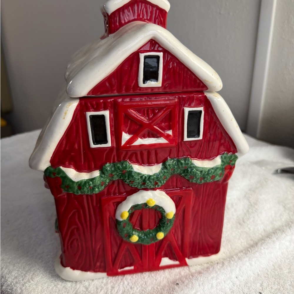Cookie Jar Red Barn Rustic Holiday  Limited Edition Ceramic By World Market